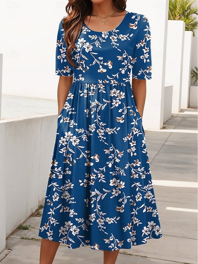 Damen Geblümt Rundhals Kurzarm Bequem Lässig Maxikleid