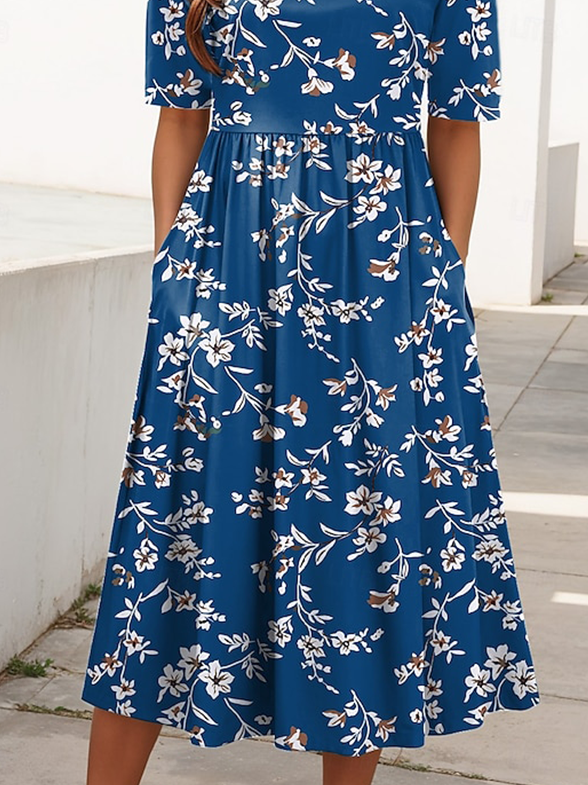 Damen Geblümt Rundhals Kurzarm Bequem Lässig Maxikleid