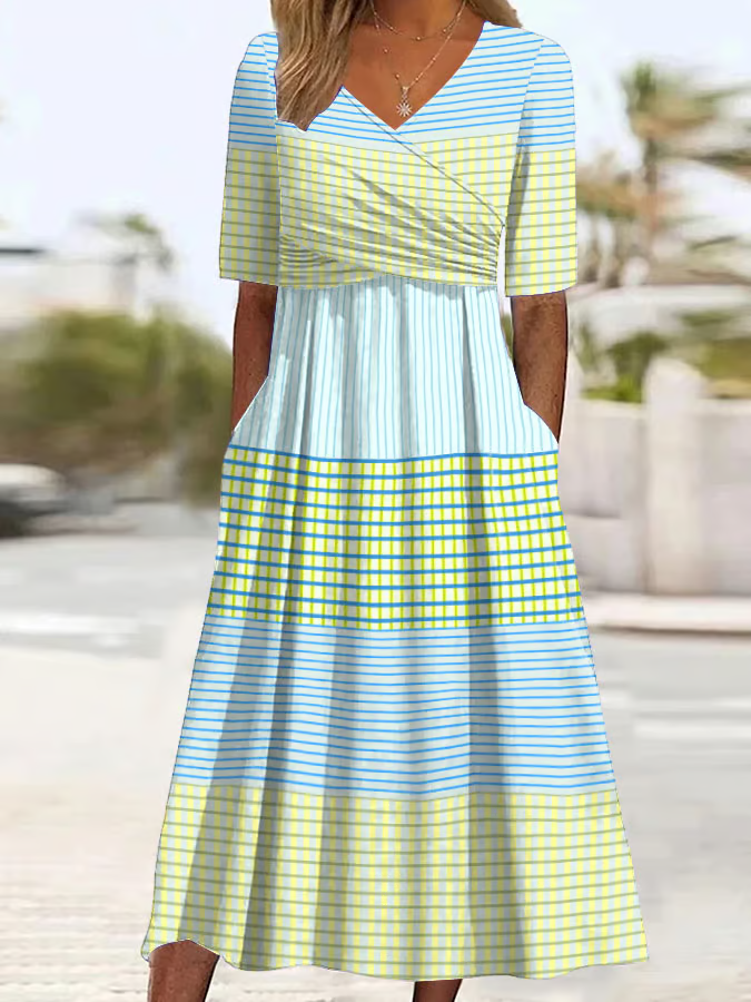 Damen Gestreift V-Ausschnitt Kurzarm Bequem Lässig Print Maxikleid