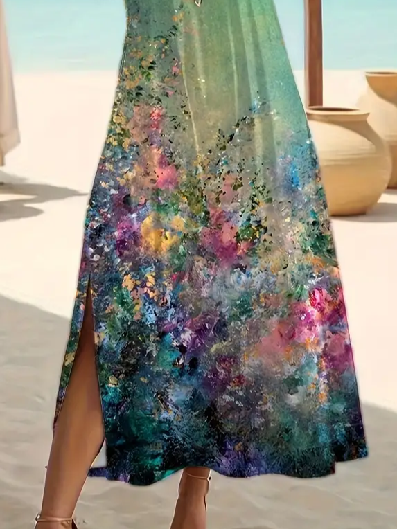 Damen Geblümt Rundhals Kurzarm Bequem Lässig Print Maxikleid