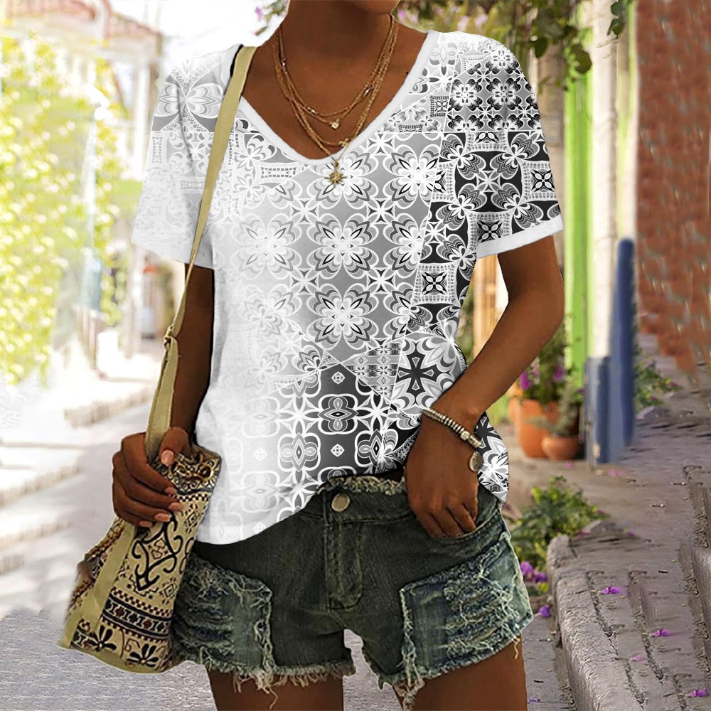 Lässig Geblümt V-Ausschnitt Kurzarm T-Shirt