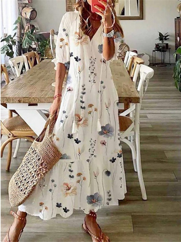 Damen Geometrisch Sommer Kleid V-Ausschnitt Halbarm Blusenkleid A-Linien-Kleid