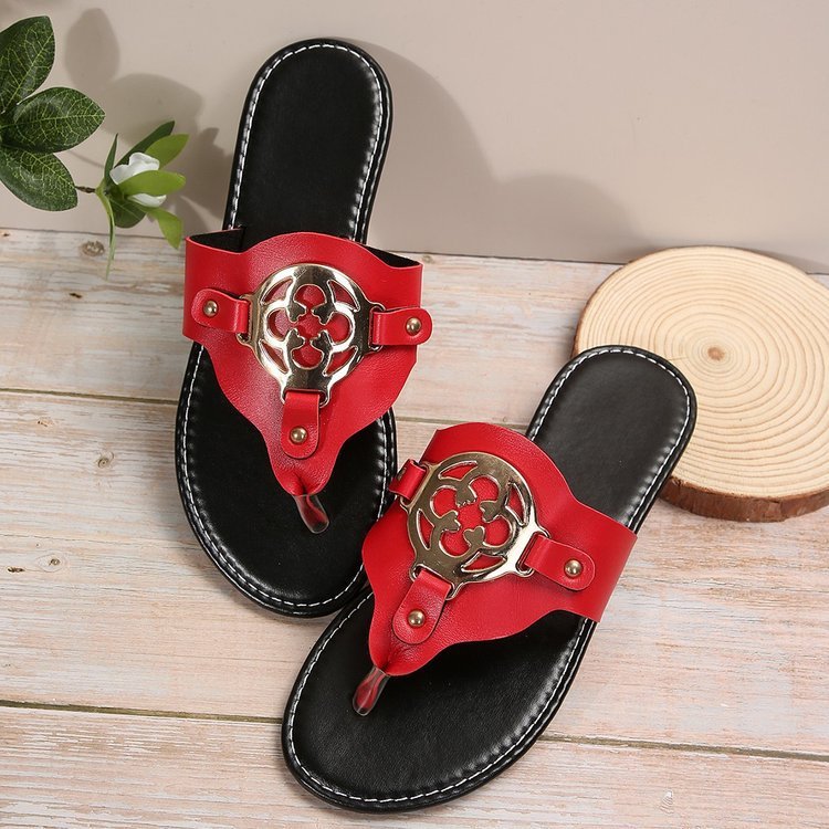 Damen Stelle Zehentrenner PU Schuhe Metallische Schnalle Pantolette Hardware Schnalle Sommer Flach Pantoletten