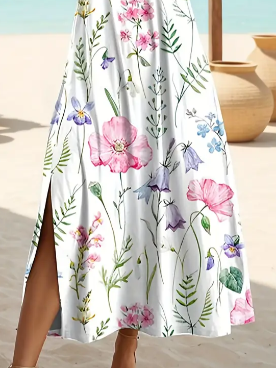 Damen Geblümt Rundhals Kurzarm Bequem Lässig Print Maxikleid