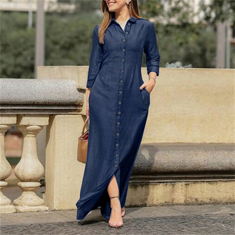 Damen Unifarben Frühling/Herbst Kleid Stehkragen Langarm Blusenkleid H-Linie Kleid