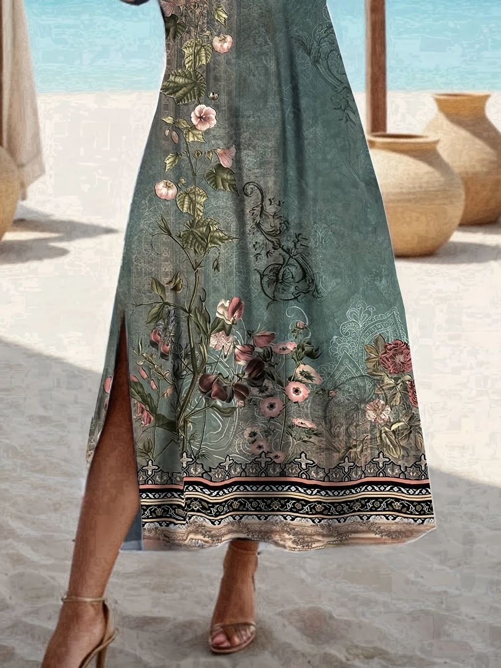 Damen Geblümt Rundhals Kurzarm Bequem Lässig Print Maxikleid