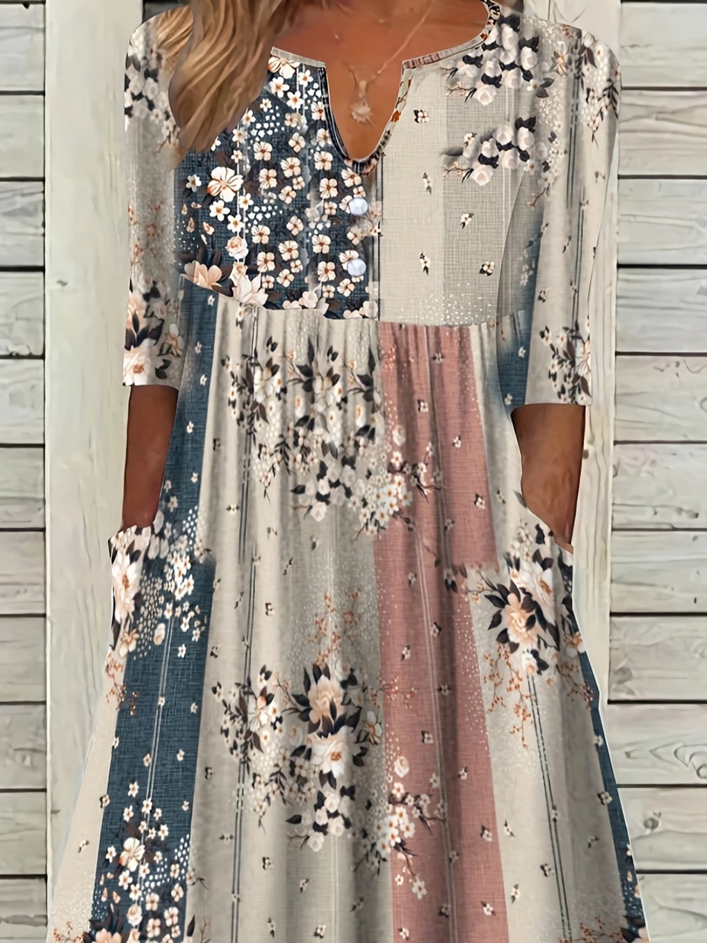 Damen Geblümt Sommer Print Kleid V-Ausschnitt Kurzarm Passen & Flare Kleid H-Linie Kleid