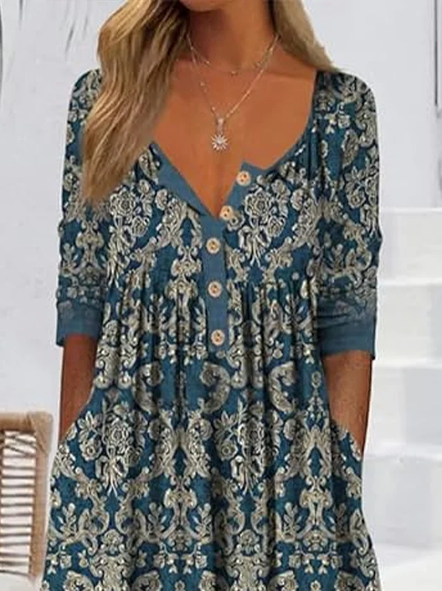 Damen Geblümt Sommer Print Kleid Halb offener Kragen Halbarm A-Linien-Kleid