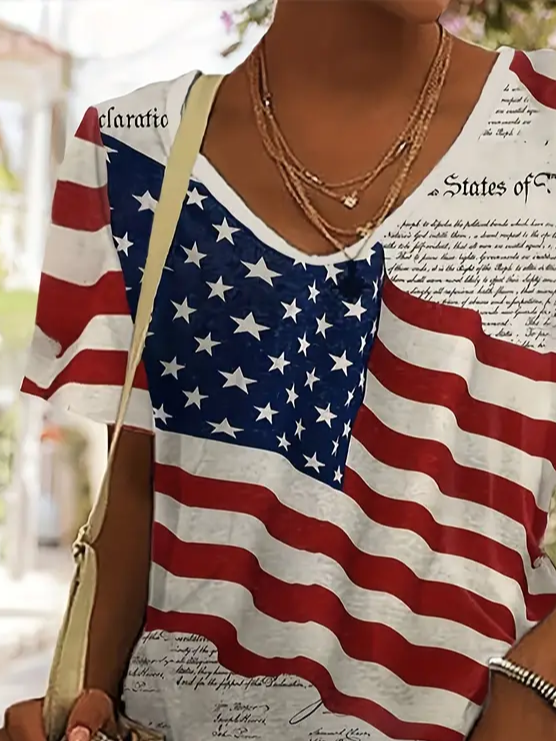 Lässig Tag der Unabhängigkeit (Flagge) V-Ausschnitt Kurzarm T-Shirt