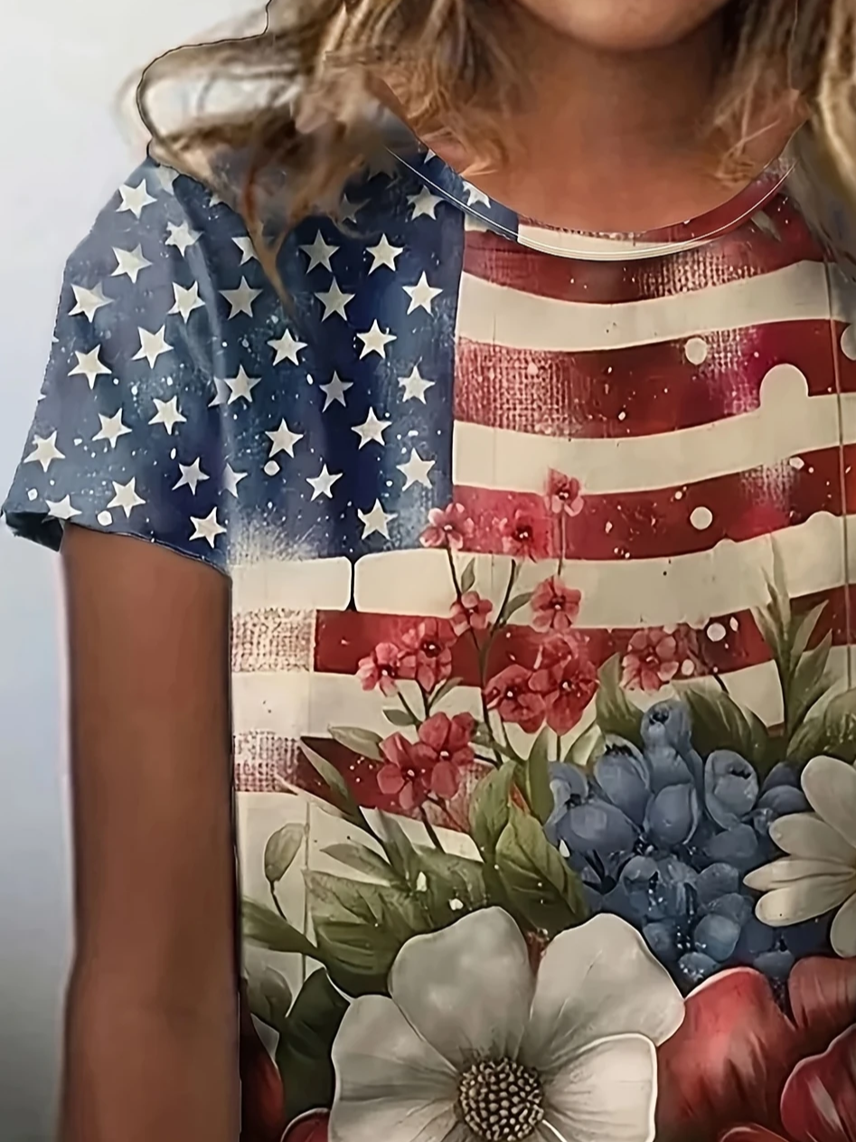 Lässig Geblümt Rundhals Kurzarm T-Shirt