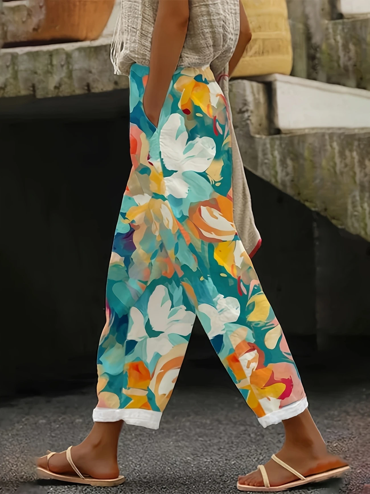 Lässig Geblümt Lang Print Hose