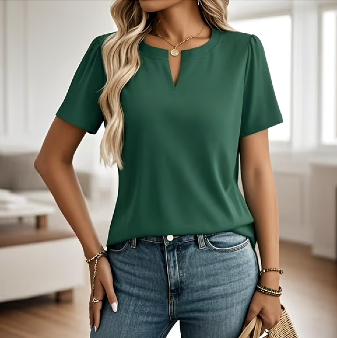 Lässig Unifarben V-Ausschnitt Kurzarm T-Shirt