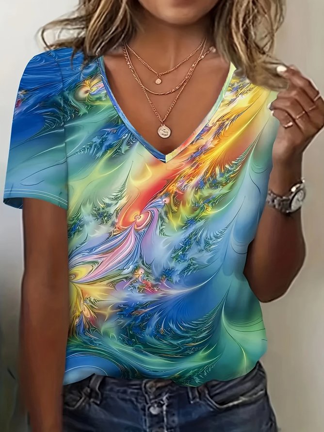 Lässig Abstrakt V-Ausschnitt Kurzarm T-Shirt