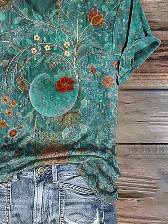 Lässig Geblümt V-Ausschnitt Kurzarm T-Shirt