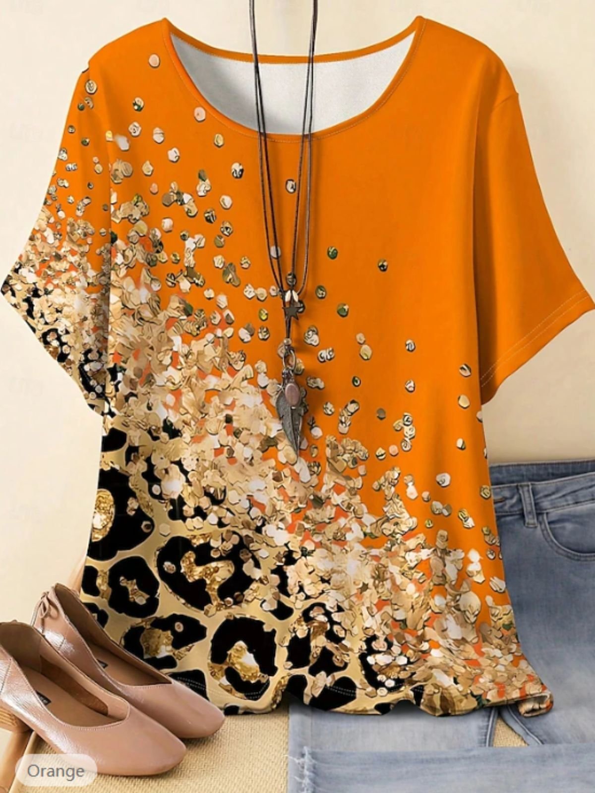 Retro Leopard Rundhals Dreiviertelärmel T-Shirt