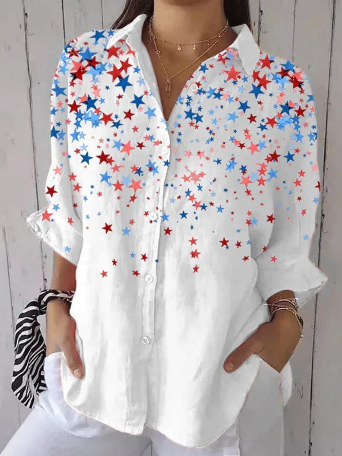 Hemdkragen Langarm Stern Regelmäßig Mikroelastizität Regelmäßige Passform Bluse für Damen