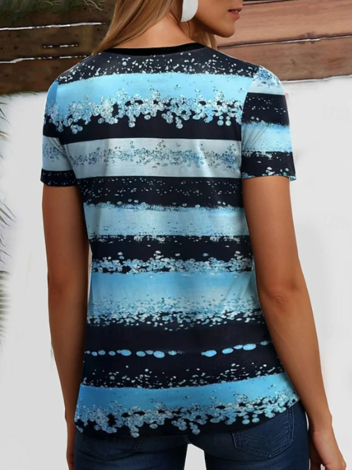 Lässig Gestreift V-Ausschnitt Kurzarm T-Shirt