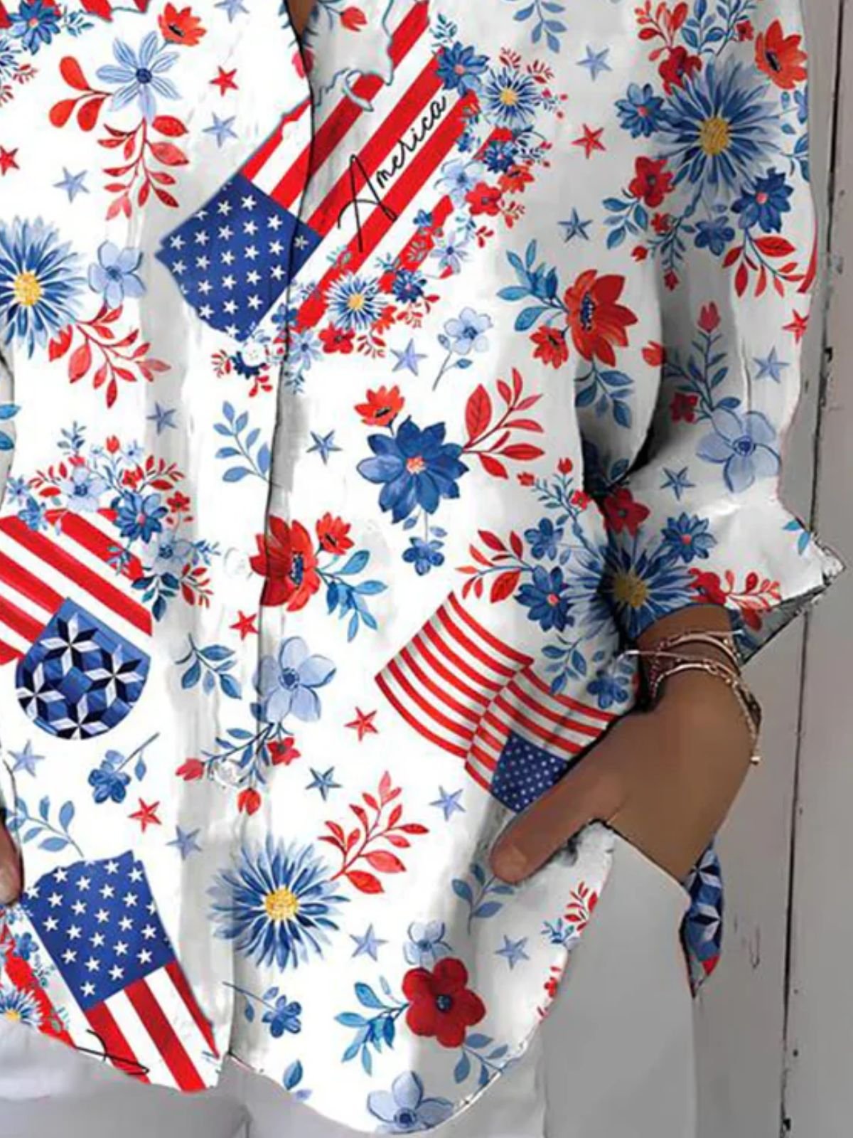 Hemdkragen Langarm Amerika-Flagge Regelmäßig Mikroelastizität Regelmäßige Passform Bluse für Damen