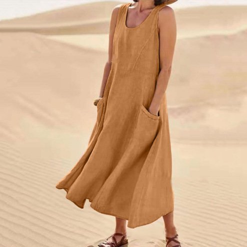 Damen Unifarben Sommer Nahtverarbeitung Kleid Rundhals Ärmellos Passen & Flare Kleid A-Linien-Kleid