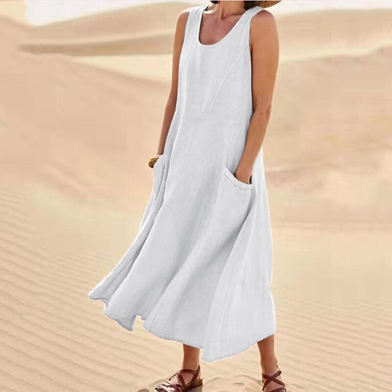 Damen Unifarben Sommer Nahtverarbeitung Kleid Rundhals Ärmellos Passen & Flare Kleid A-Linien-Kleid