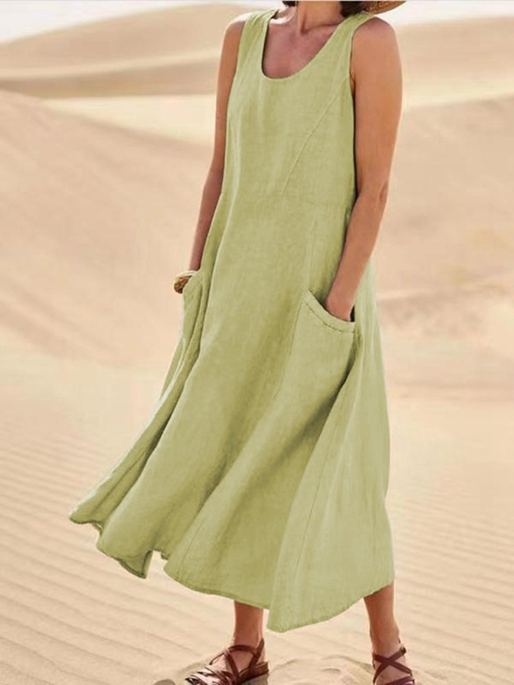 Damen Unifarben Sommer Nahtverarbeitung Kleid Rundhals Ärmellos Passen & Flare Kleid A-Linien-Kleid