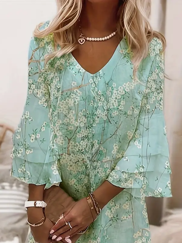 Damen Geblümt Sommer Print Kleid V-Ausschnitt Halbarm H-Linie Kleid