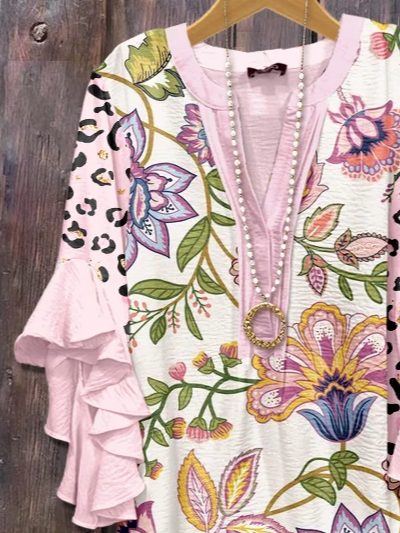 V-Ausschnitt Halbarm Geblümt Print Regelmäßig Weit Bluse für Damen
