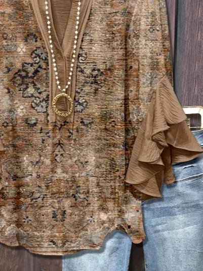 V-Ausschnitt Halbarm Geblümt Print Regelmäßig Weit Bluse für Damen
