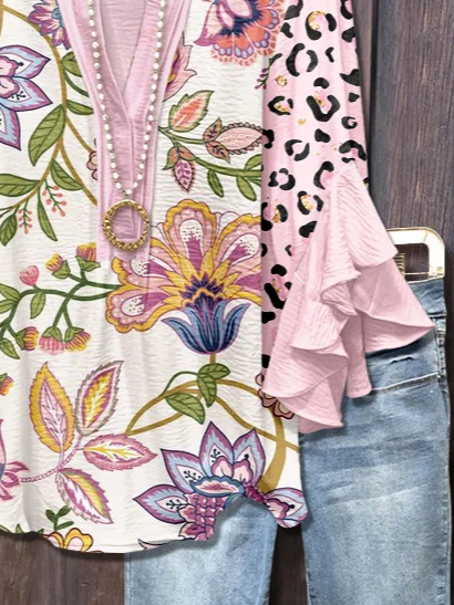V-Ausschnitt Halbarm Geblümt Print Regelmäßig Weit Bluse für Damen