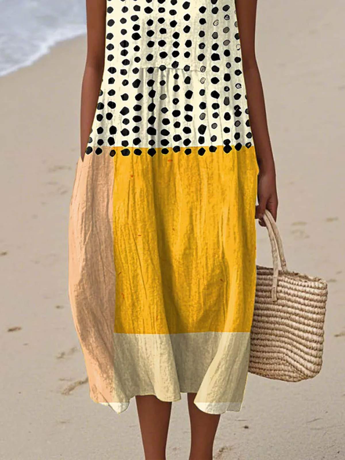 Damen Geometrisch Sommer Kleid Rundhals Ärmellos A-Linien-Kleid