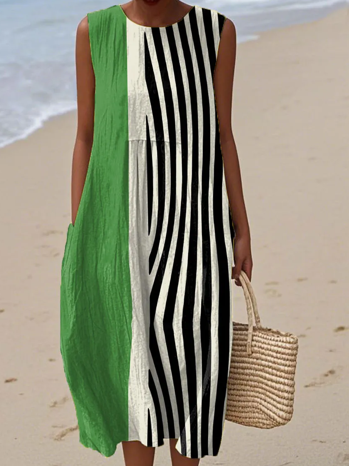 Damen Gestreift Sommer Kleid Rundhals Ärmellos A-Linien-Kleid