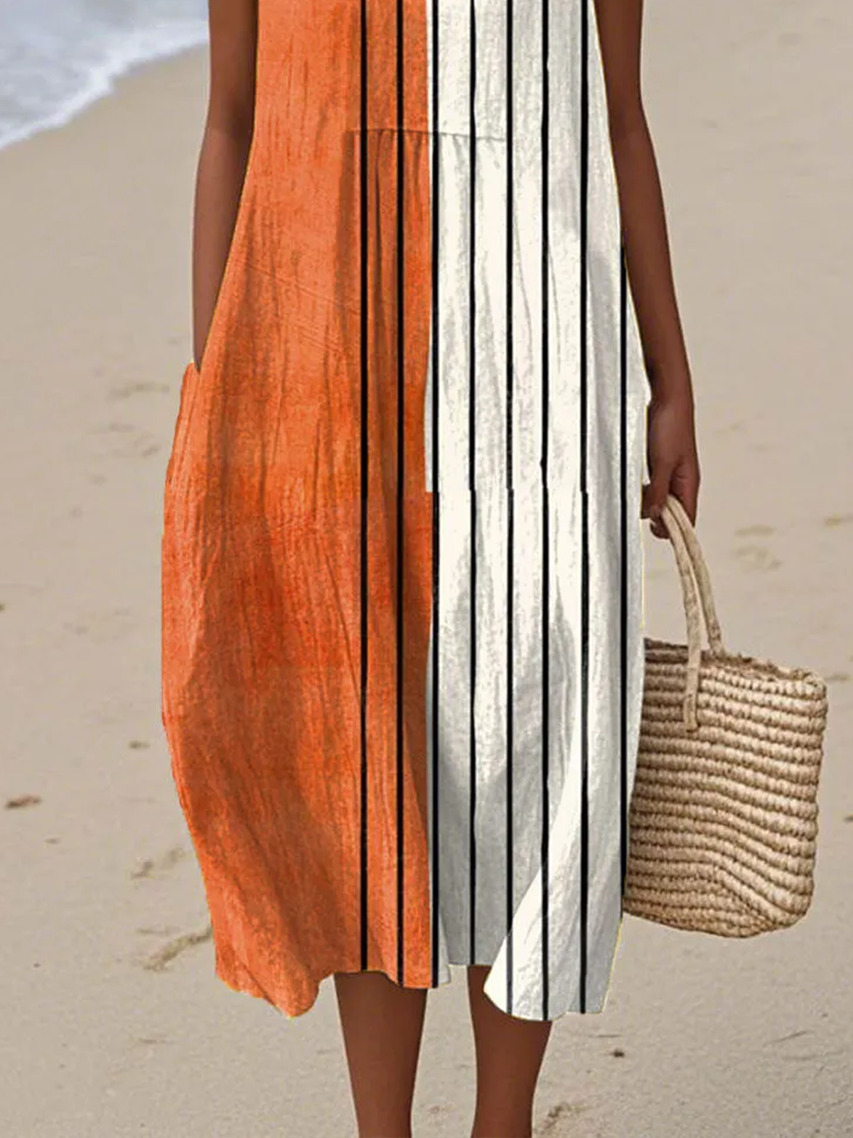 Damen Gestreift Sommer Kleid Rundhals Ärmellos A-Linien-Kleid