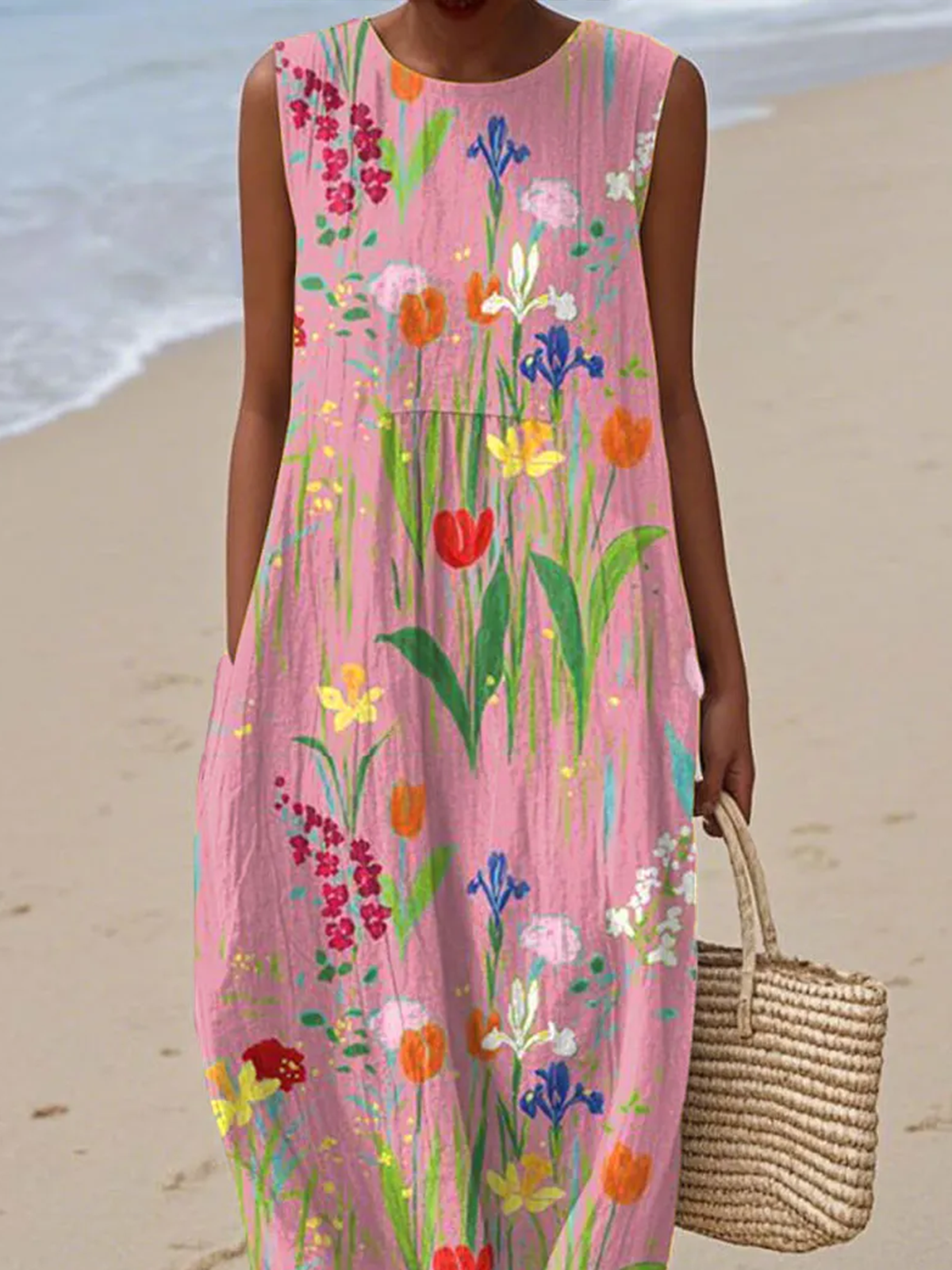 Damen Geblümt Sommer Kleid Rundhals Ärmellos A-Linien-Kleid