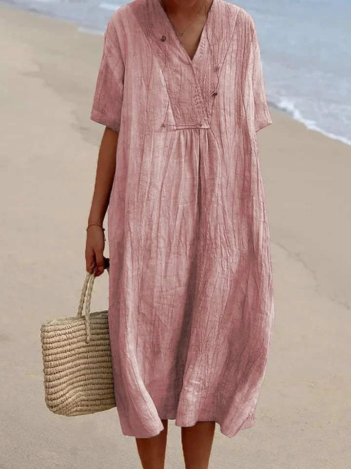 Damen Unifarben Sommer Kleid V-Ausschnitt Kurzarm A-Linien-Kleid