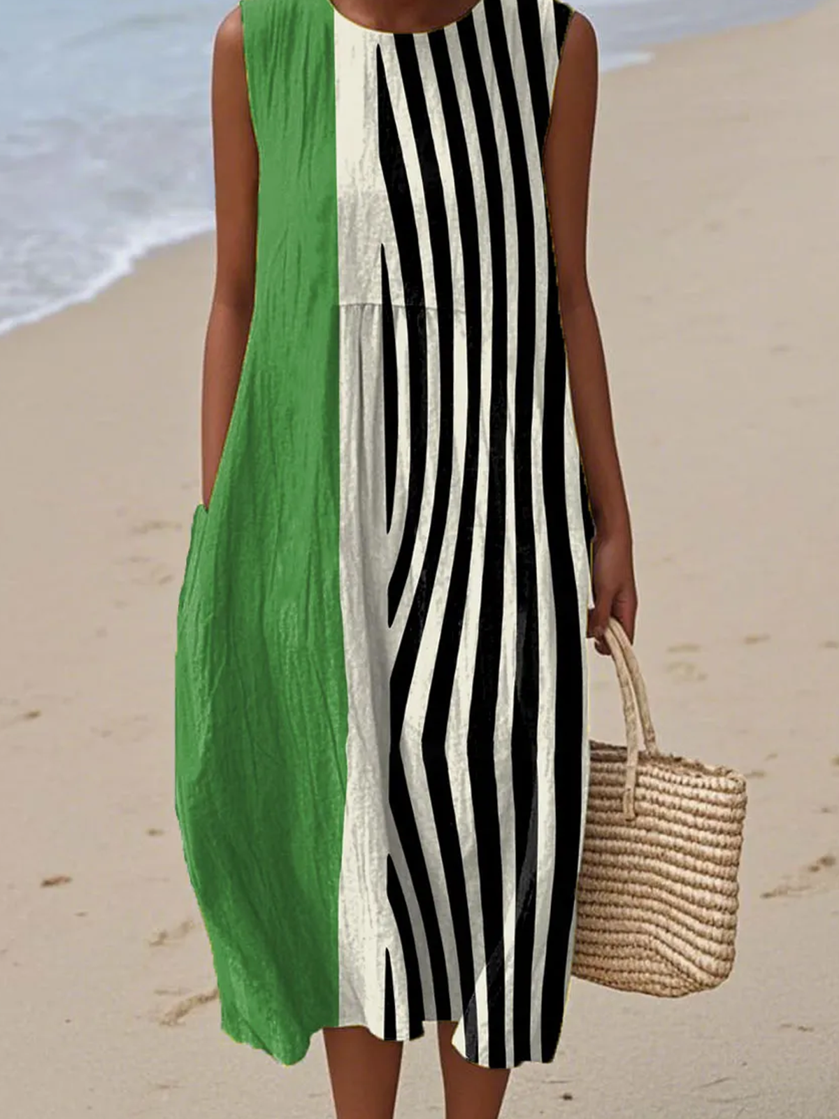 Damen Gestreift Sommer Kleid Rundhals Ärmellos A-Linien-Kleid