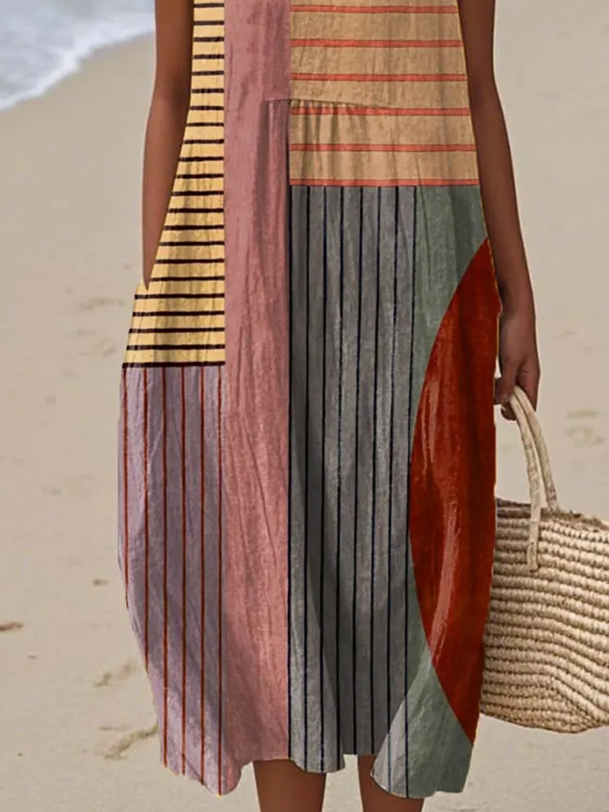 Damen Gestreift Sommer Kleid Rundhals Ärmellos A-Linien-Kleid