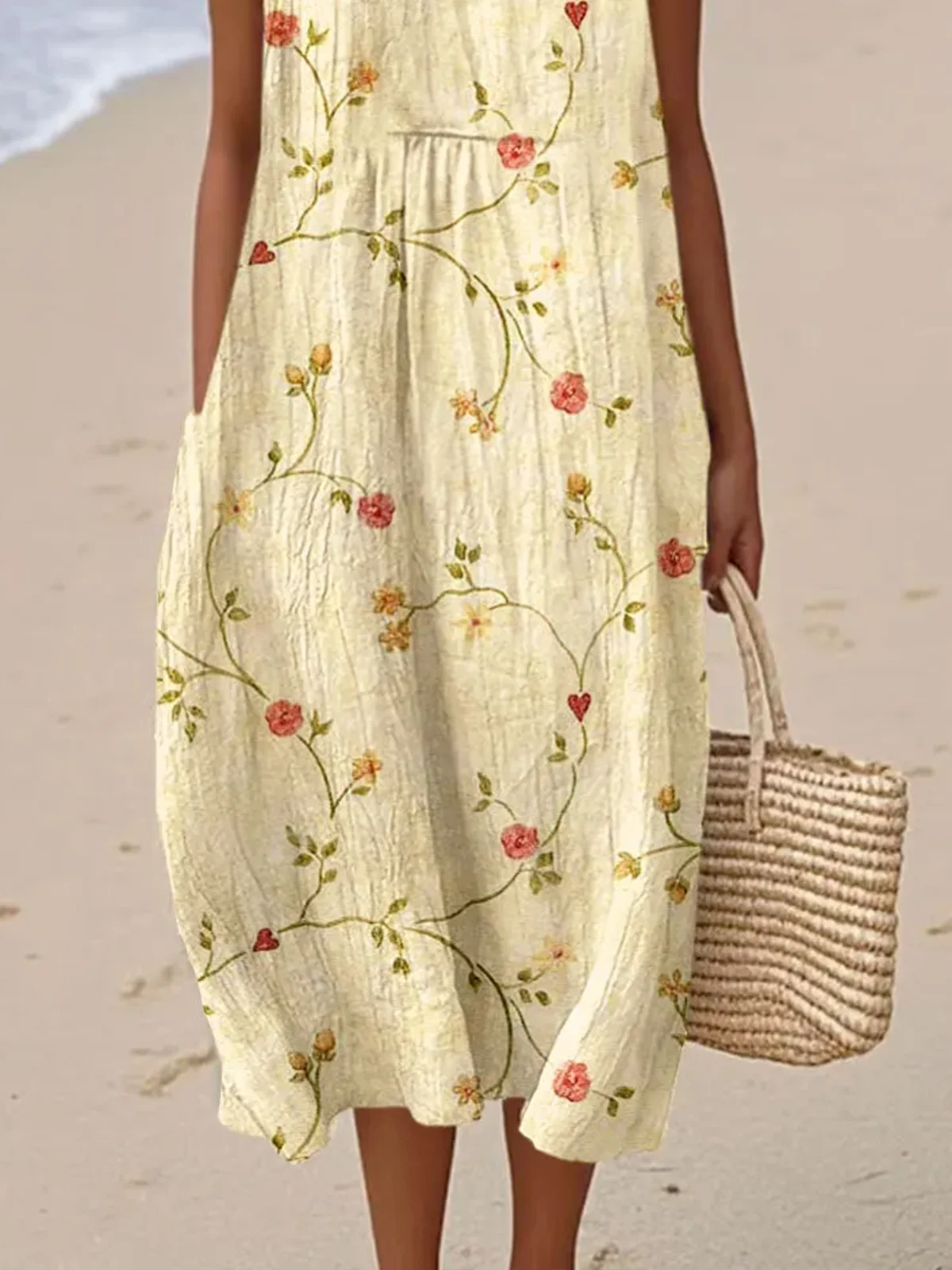 Damen Geblümt Sommer Kleid Rundhals Ärmellos A-Linien-Kleid