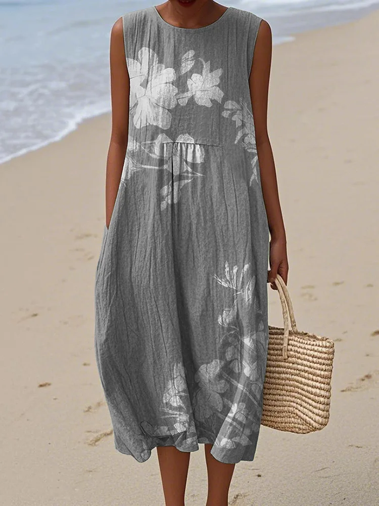 Damen Geblümt Sommer Kleid Rundhals Ärmellos A-Linien-Kleid
