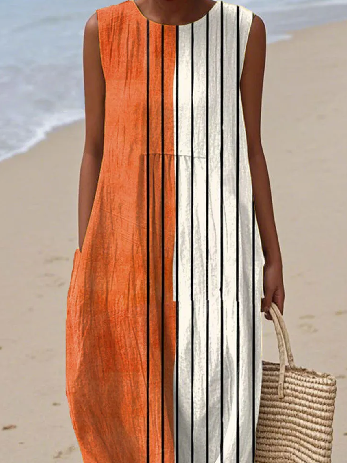 Damen Gestreift Sommer Kleid Rundhals Ärmellos A-Linien-Kleid