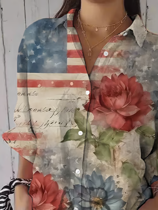Hemdkragen Dreiviertelärmel Geblümt Print Regelmäßig Weit Bluse für Damen
