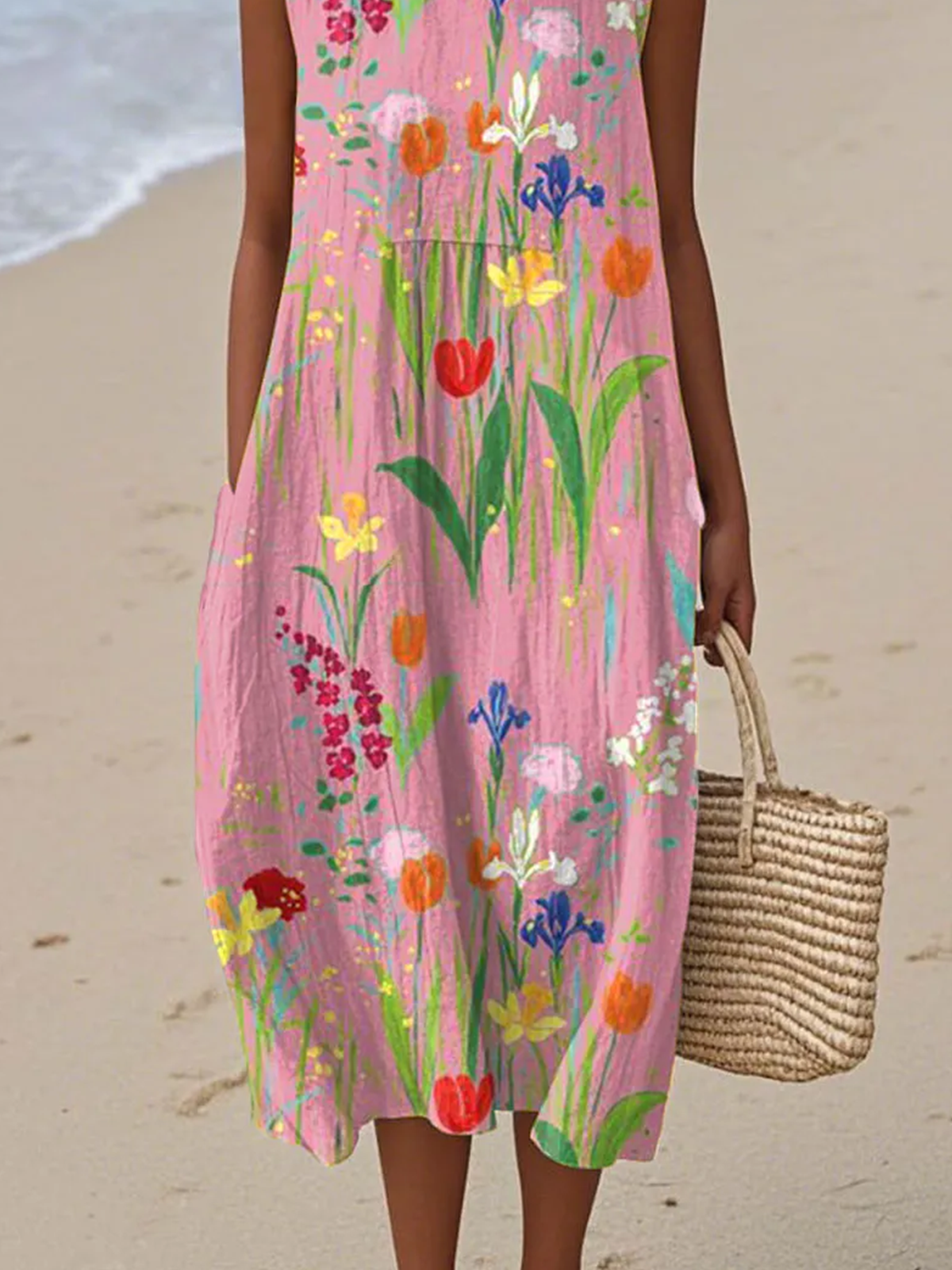 Damen Geblümt Sommer Kleid Rundhals Ärmellos A-Linien-Kleid