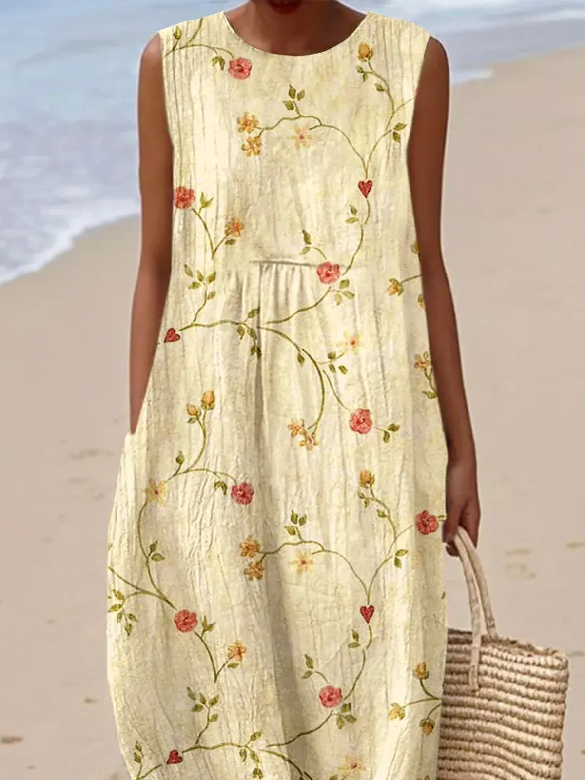 Damen Geblümt Sommer Kleid Rundhals Ärmellos A-Linien-Kleid
