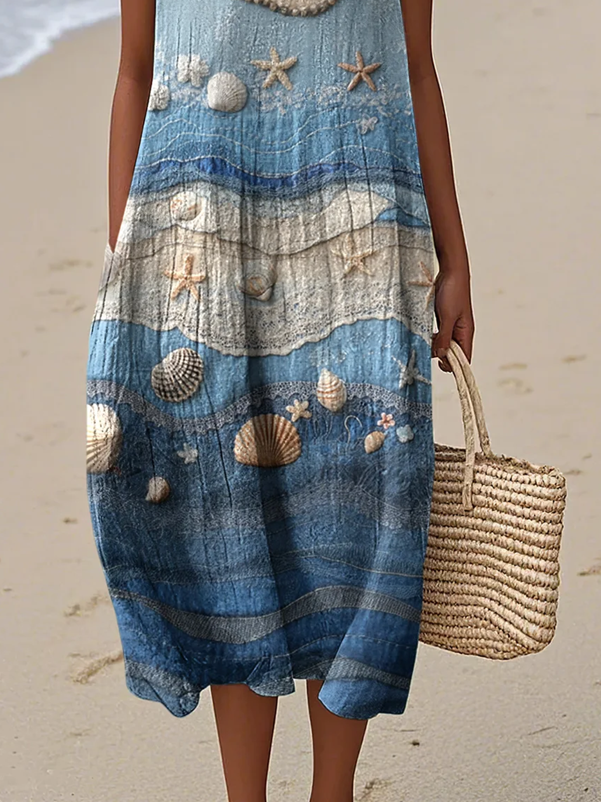 Damen Sparren Sommer Kleid Rundhals Ärmellos A-Linien-Kleid