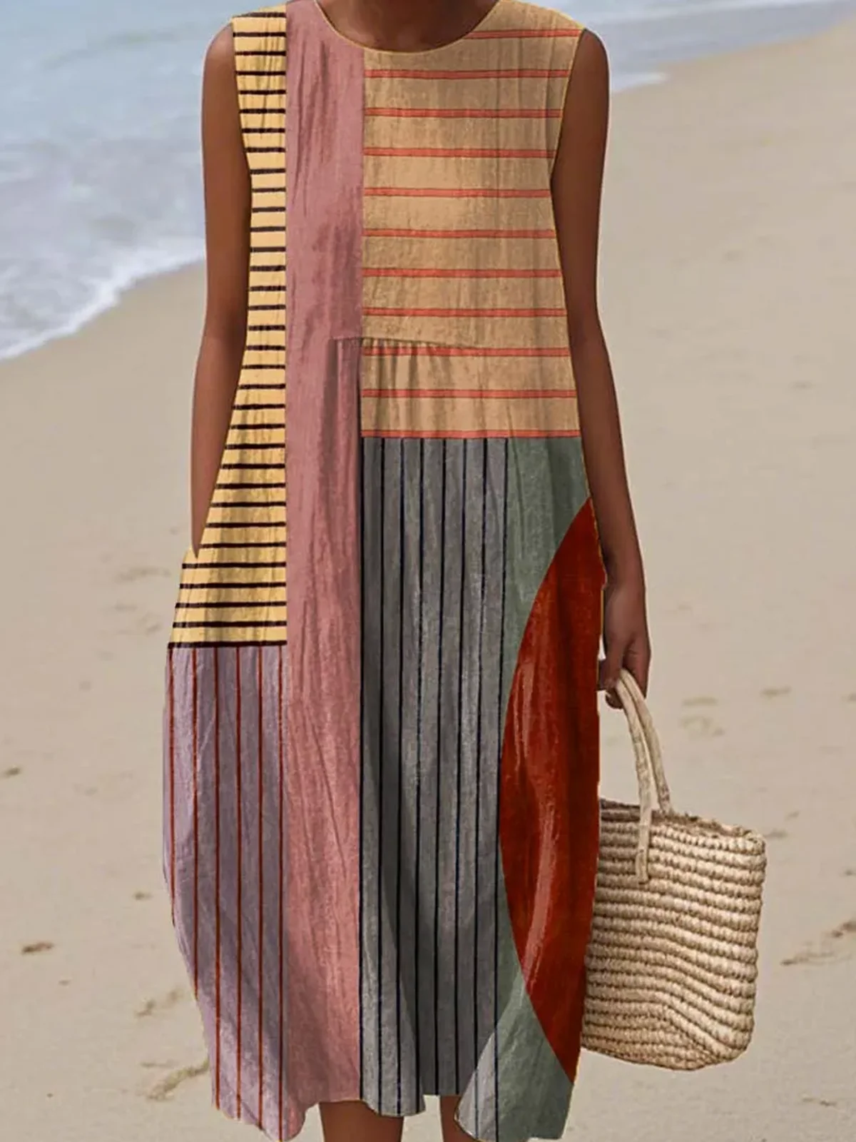 Damen Gestreift Sommer Kleid Rundhals Ärmellos A-Linien-Kleid