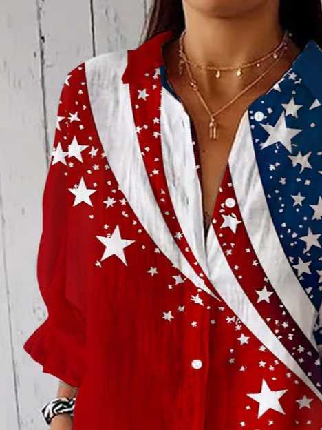 Hemdkragen Dreiviertelärmel Tag der Unabhängigkeit (Flagge) Print Regelmäßig Weit Bluse für Damen