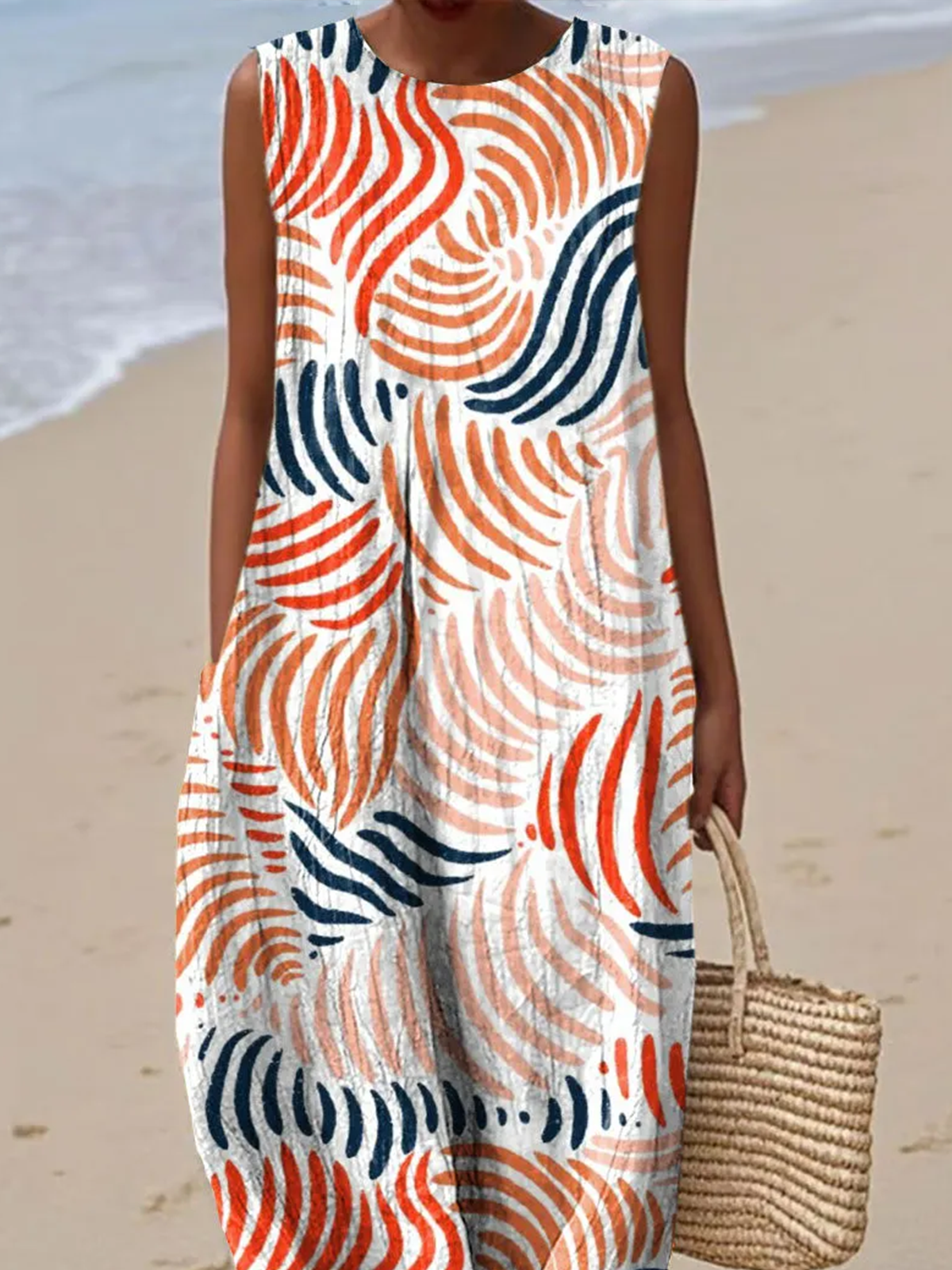 Damen Gestreift Sommer Kleid Rundhals Ärmellos A-Linien-Kleid