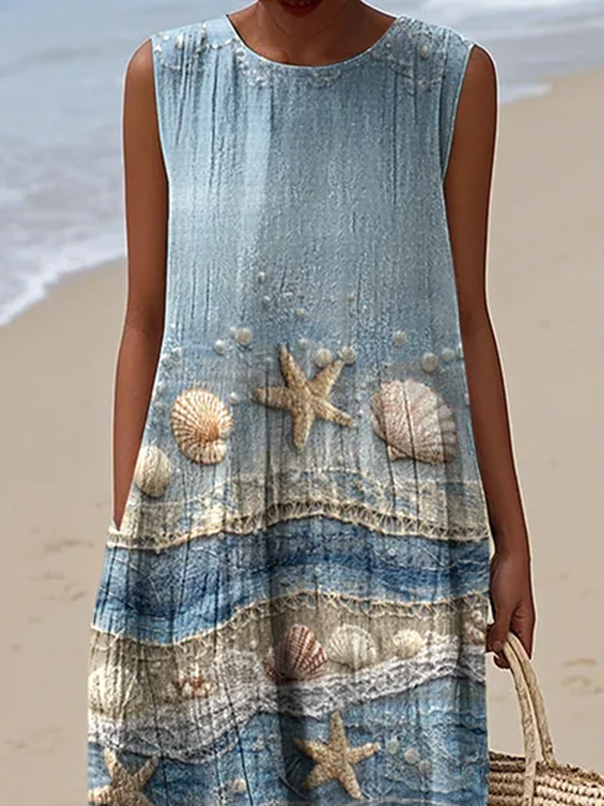 Damen Sparren Sommer Kleid Rundhals Ärmellos A-Linien-Kleid