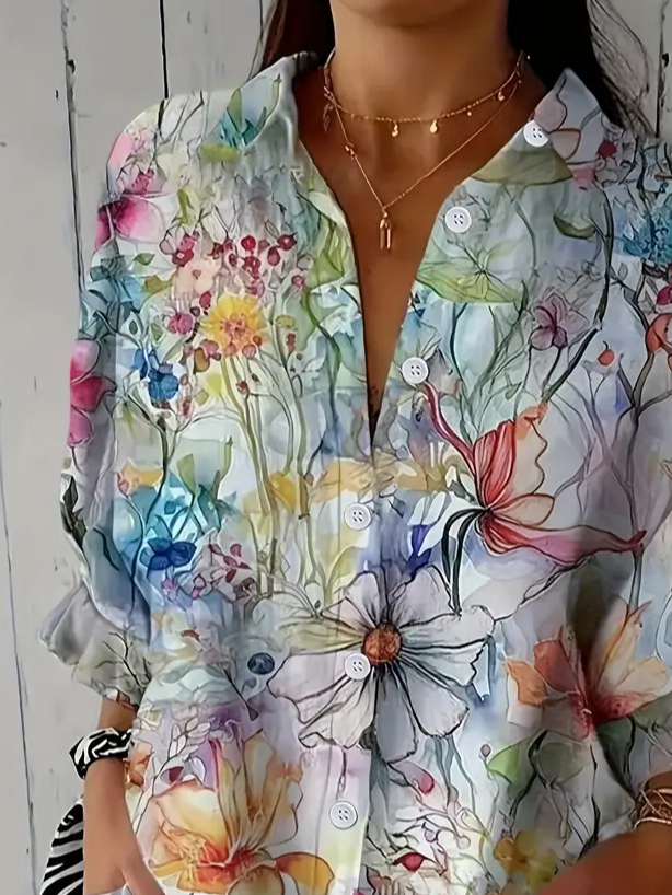Hemdkragen Dreiviertelärmel Geblümt Print Regelmäßig Weit Bluse für Damen