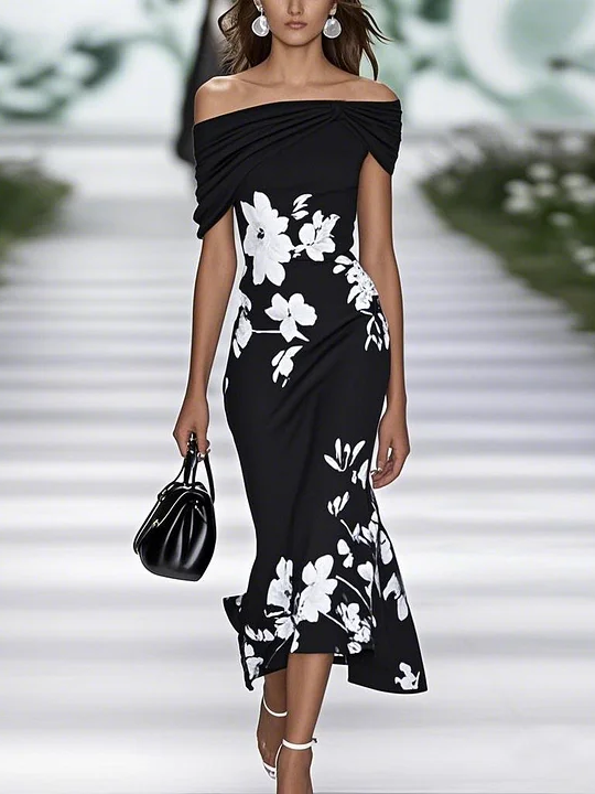 Damen Geblümt Sommer Print Kleid Schulterfrei Flügelärmel H-Linie Kleid
