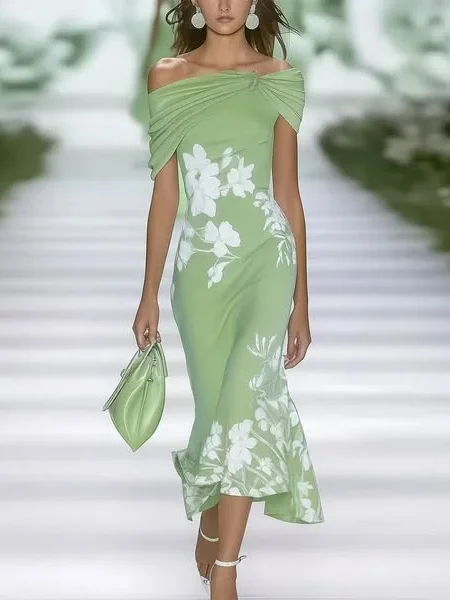 Damen Geblümt Sommer Print Kleid Schulterfrei Flügelärmel H-Linie Kleid